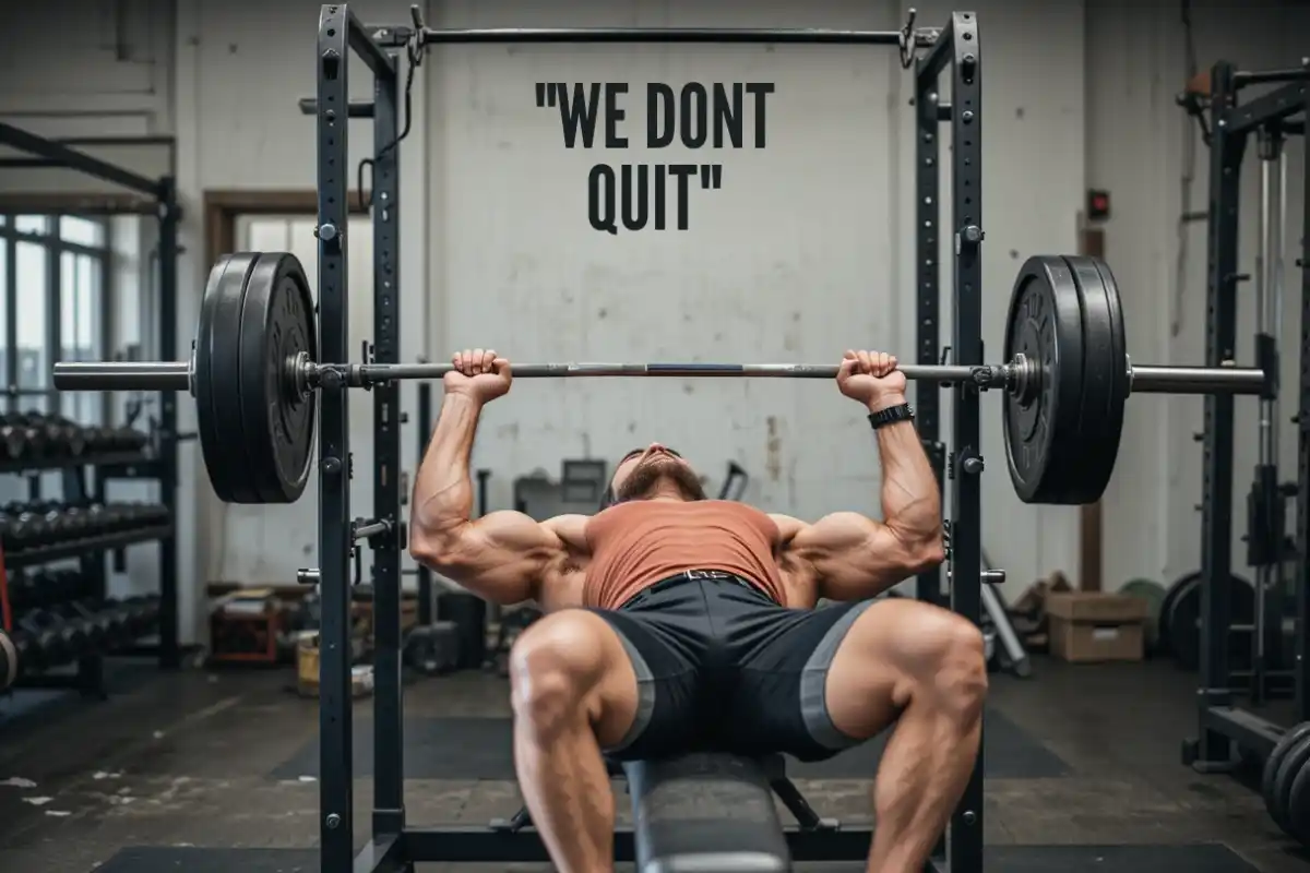 Strong man performing a barbell bench press on a gym bench, focusing on chest, triceps, and shoulder strength.