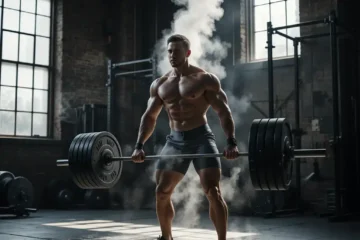 Muscular man performing a heavy barbell deadlift in an industrial gym, surrounded by chalk dust and intense lighting.