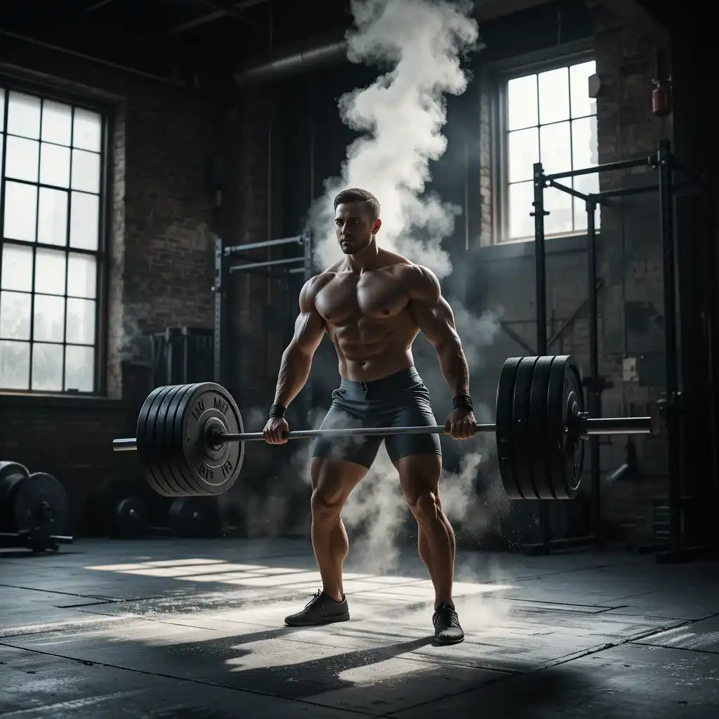 Muscular man performing a heavy barbell deadlift in an industrial gym, surrounded by chalk dust and intense lighting.