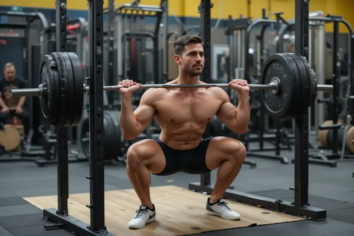 Athlete executing a back squat with a loaded barbell in a professional gym, showcasing proper squat form and leg engagement.