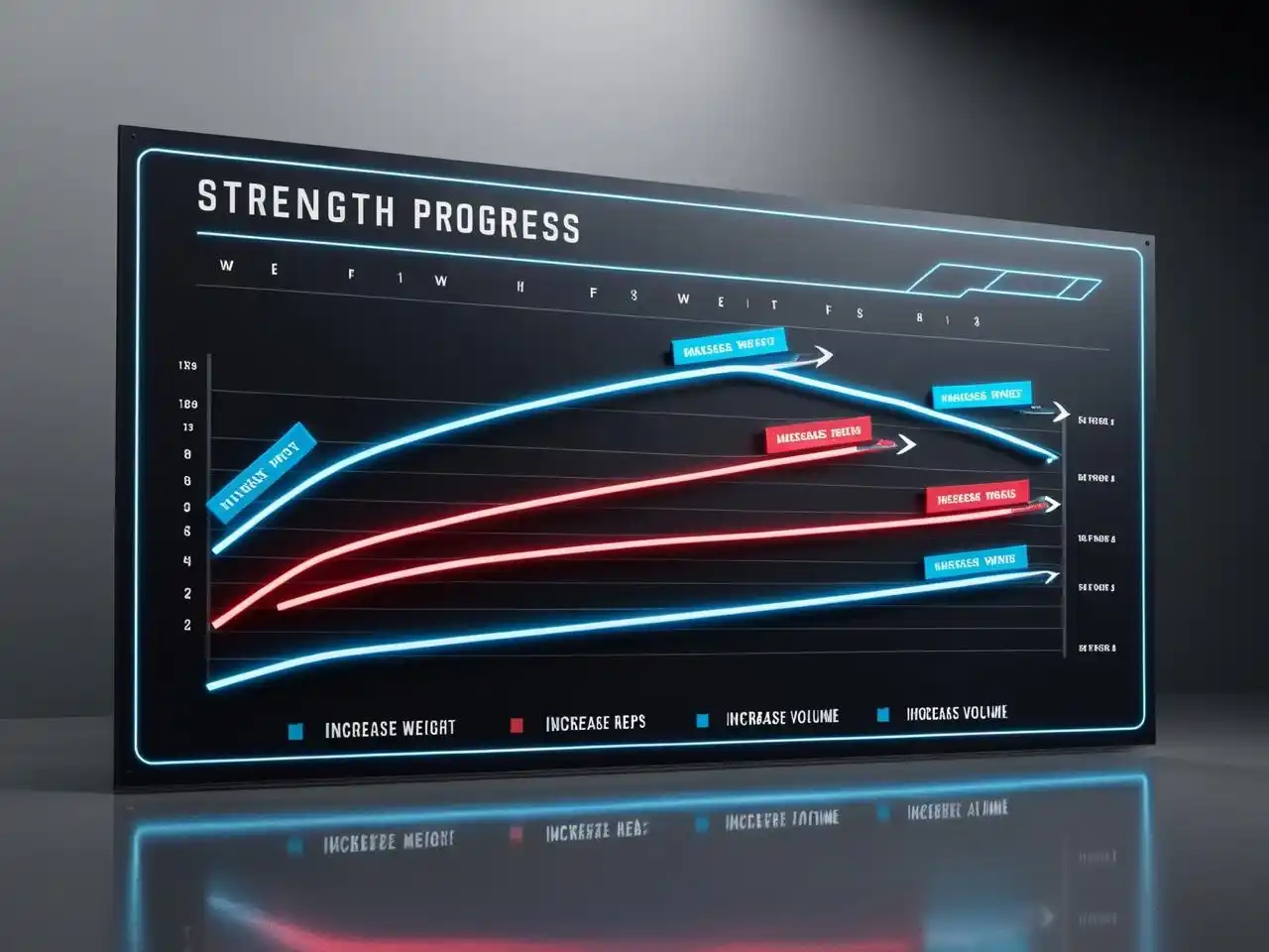 A progressive overload strength training chart showing increasing weight and reps over four weeks.