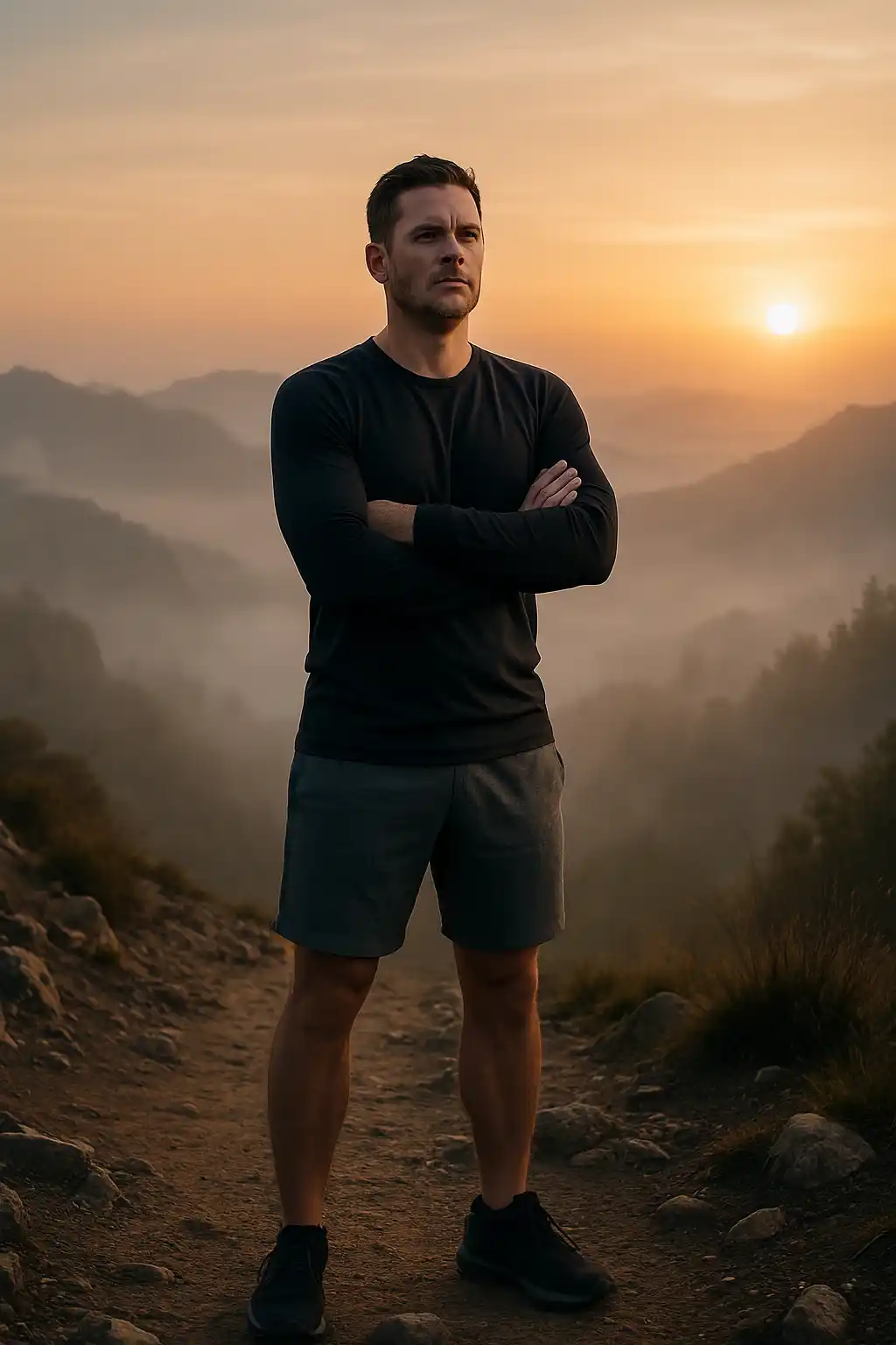 Middle-aged man standing strong in nature at sunrise, symbolizing how to build mental resilience and inner strength.