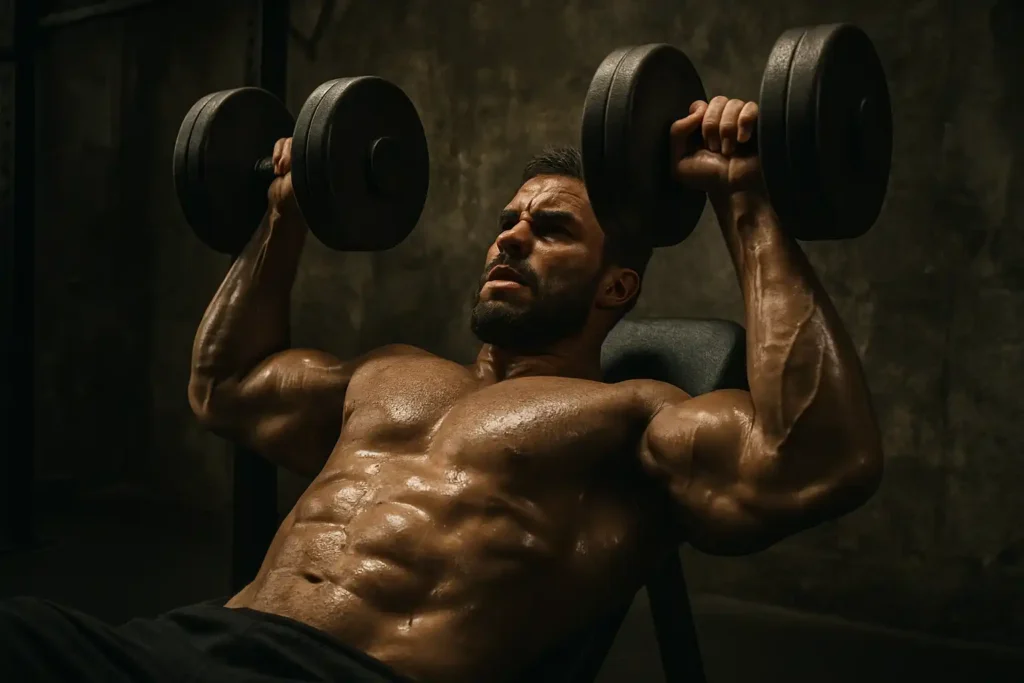 Man performing a slow-tempo dumbbell bench press to overcome workout plateau.