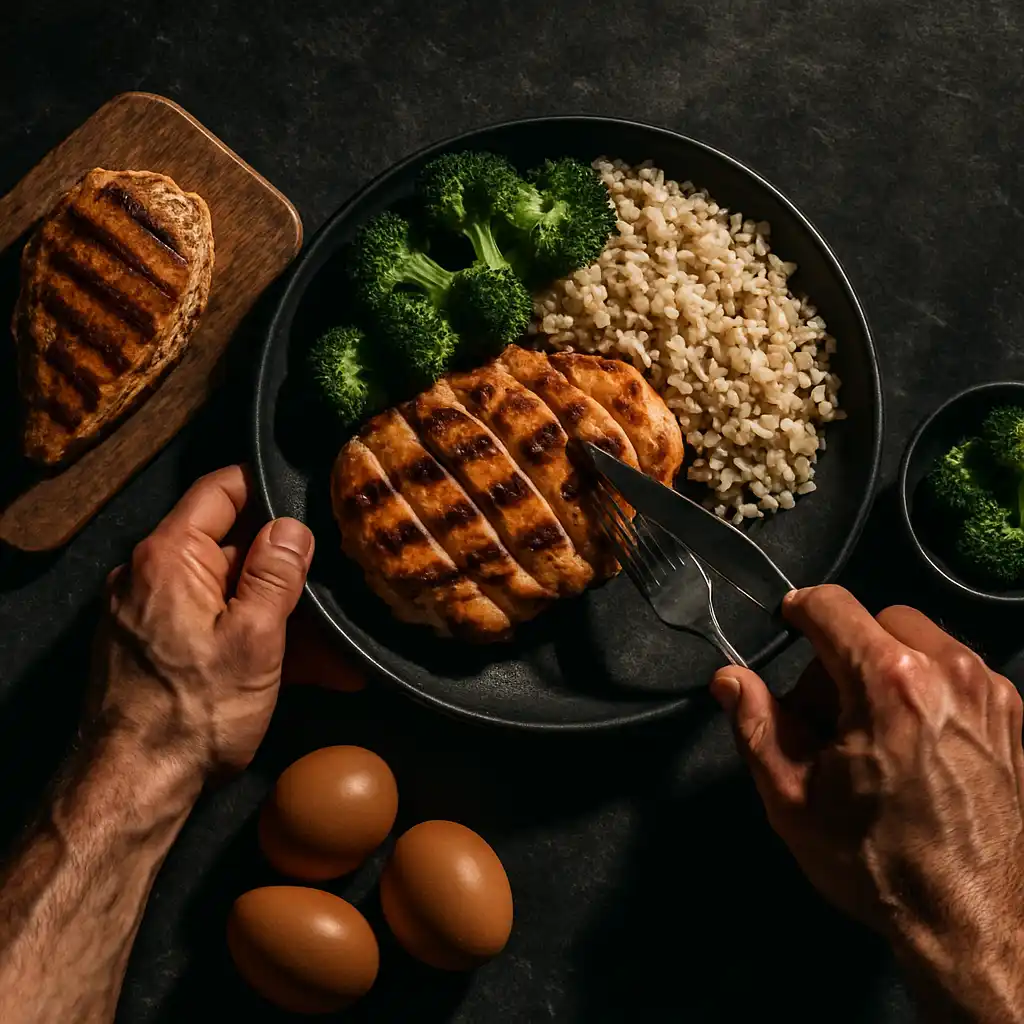 Muscle-building meal prep with grilled chicken, eggs, brown rice, and broccoli on a dark counter – high-protein foods for strength training
