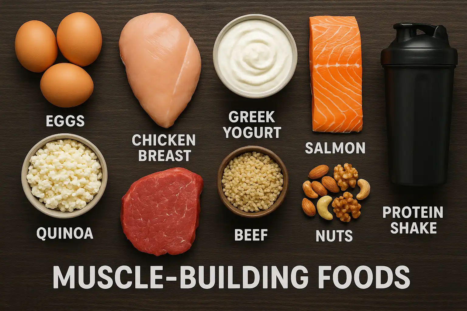 Flat-lay of top 10 muscle-building foods including eggs, chicken breast, Greek yogurt, salmon, quinoa, cottage cheese, beef, brown rice, nuts, and a protein shake – healthy nutrition for muscle growth