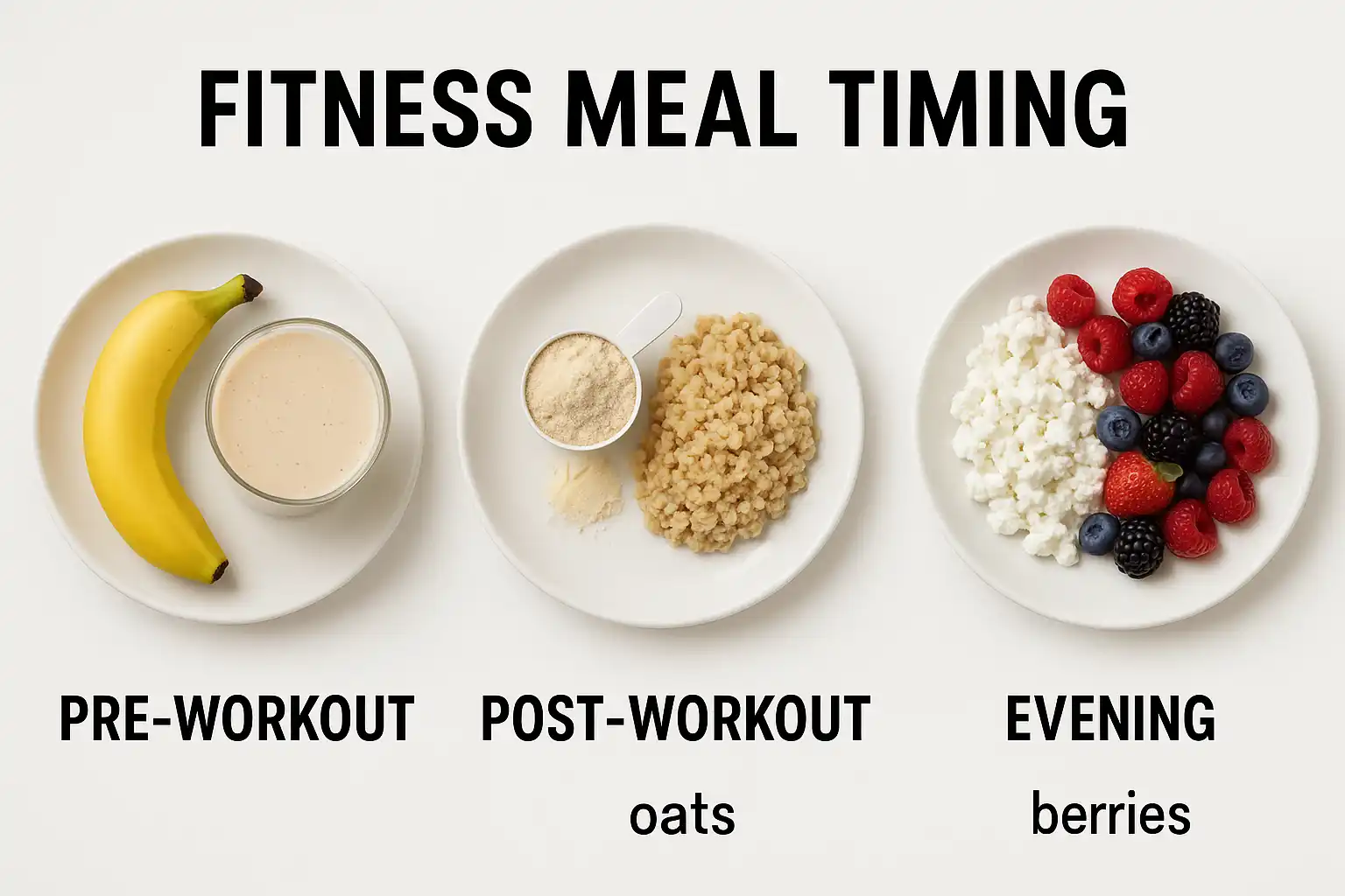 Visual guide of pre-workout, post-workout, and evening muscle meals: banana with protein shake, whey protein with oats, and cottage cheese with berries