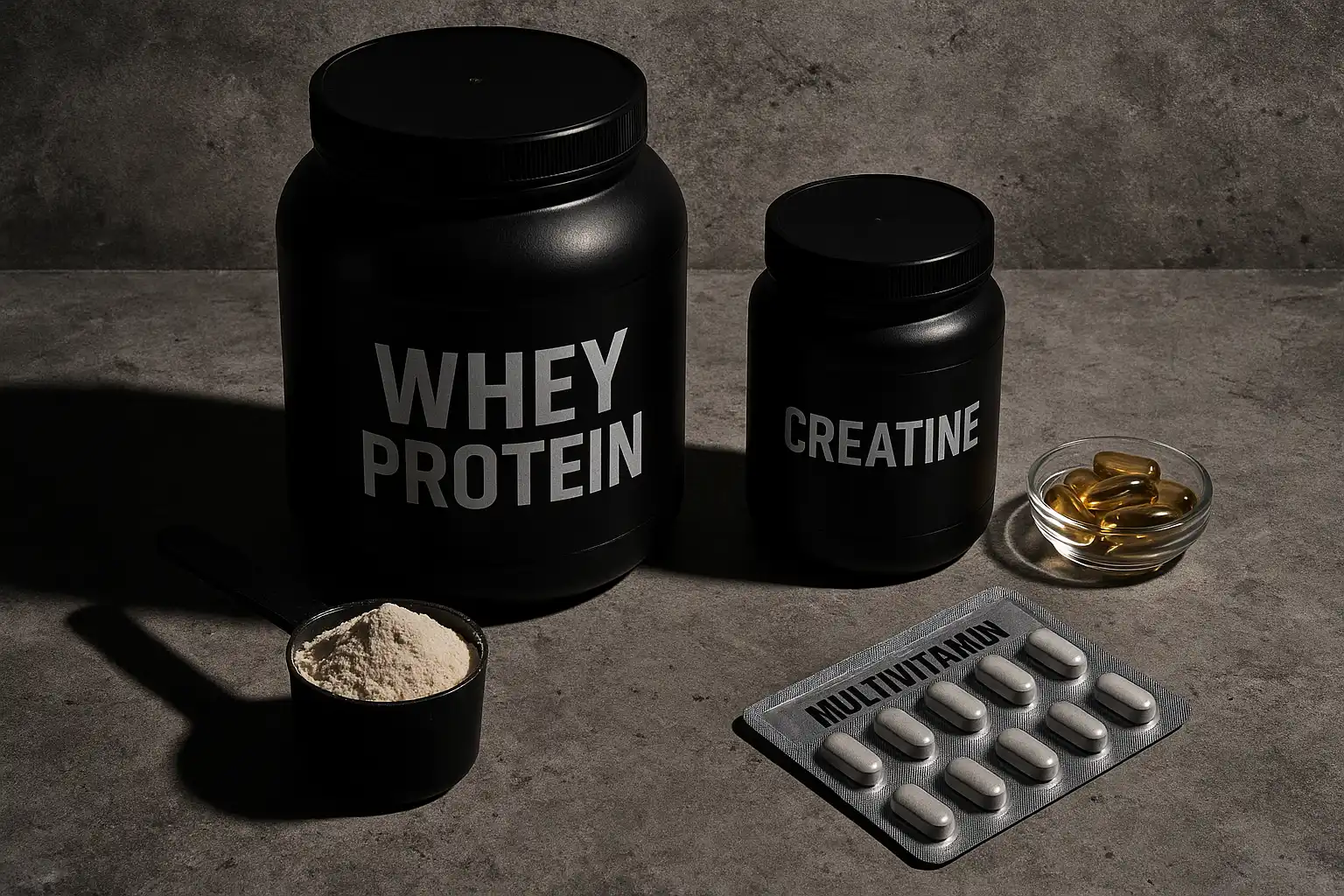 Fitness supplements for muscle-building: whey protein, creatine, omega-3 capsules, and multivitamins on a concrete gym floor