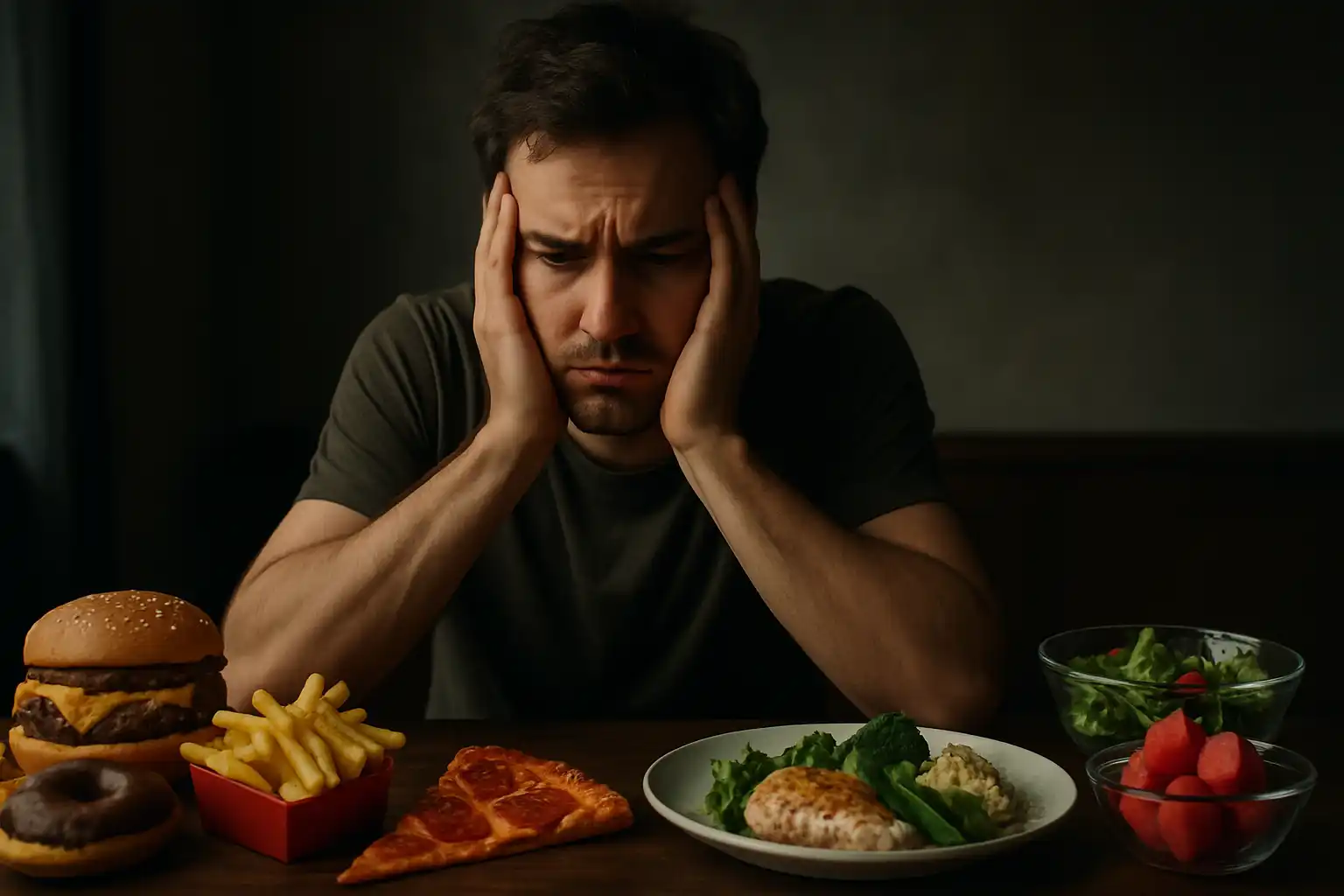 Man looking at a table with junk food on one side and clean meals on the other – representing common nutrition mistakes that hinder muscle growth