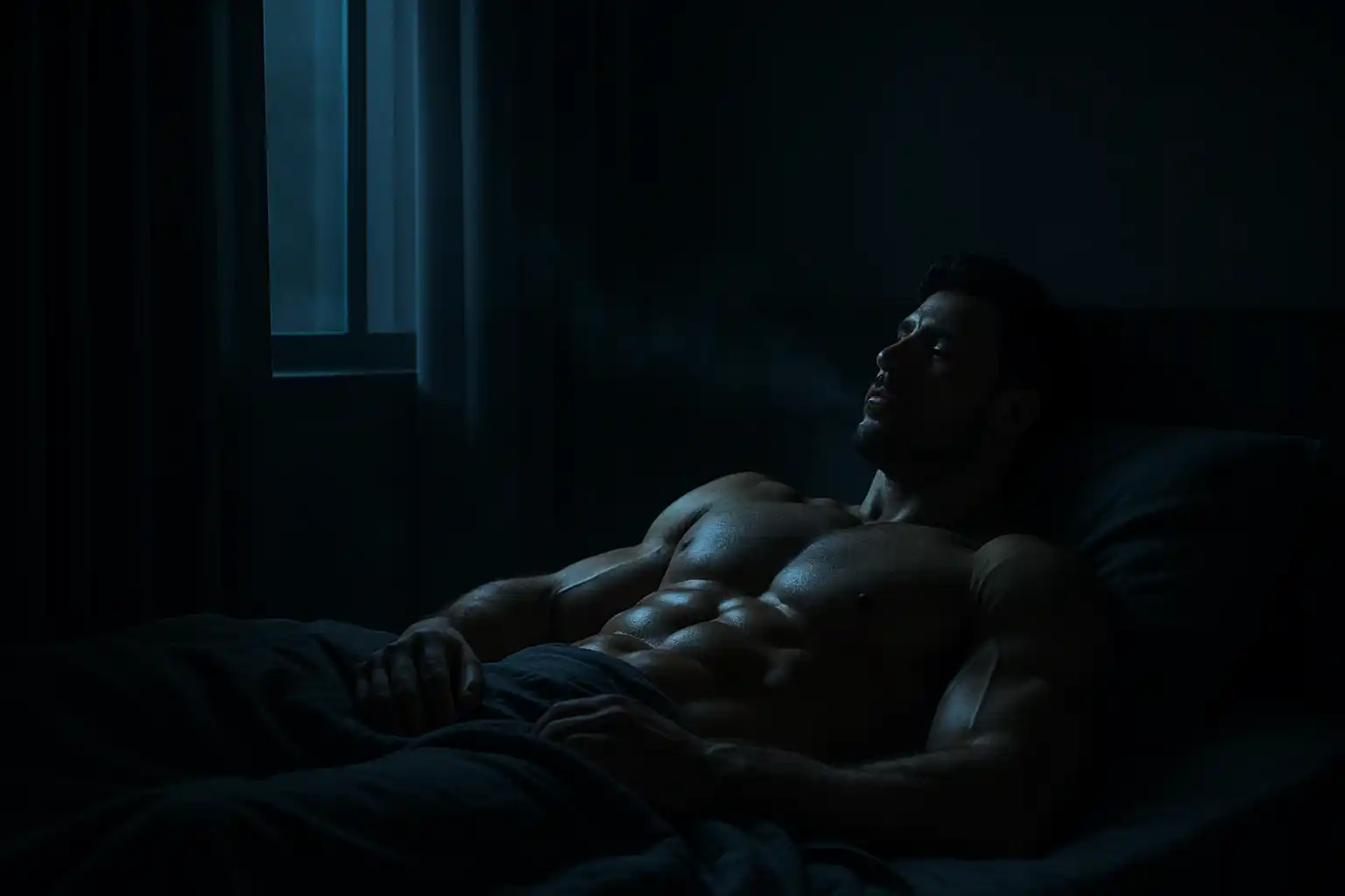 Man sleeping deeply in a dark, minimalist bedroom—highlighting how restful sleep supports fat loss.