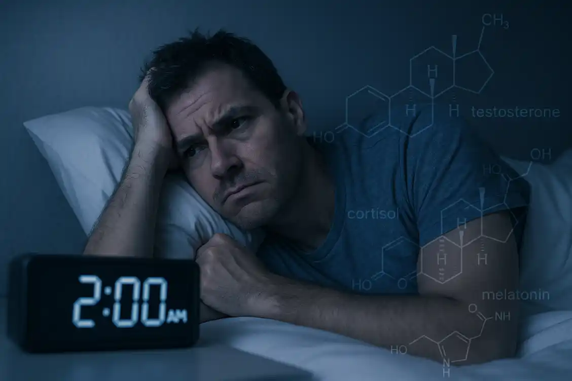 Man awake at night showing the impact of poor sleep on fat-burning hormones.