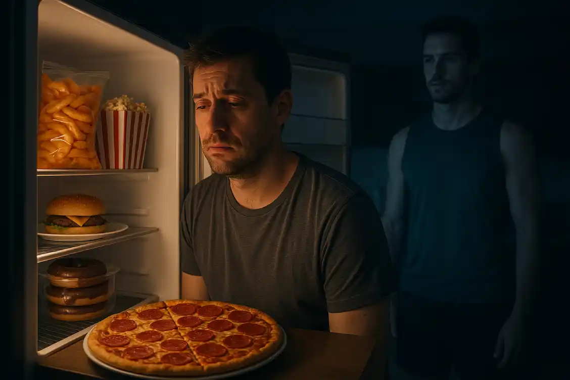 Sleep-deprived man tempted by late-night snacks, showing how poor sleep increases cravings.