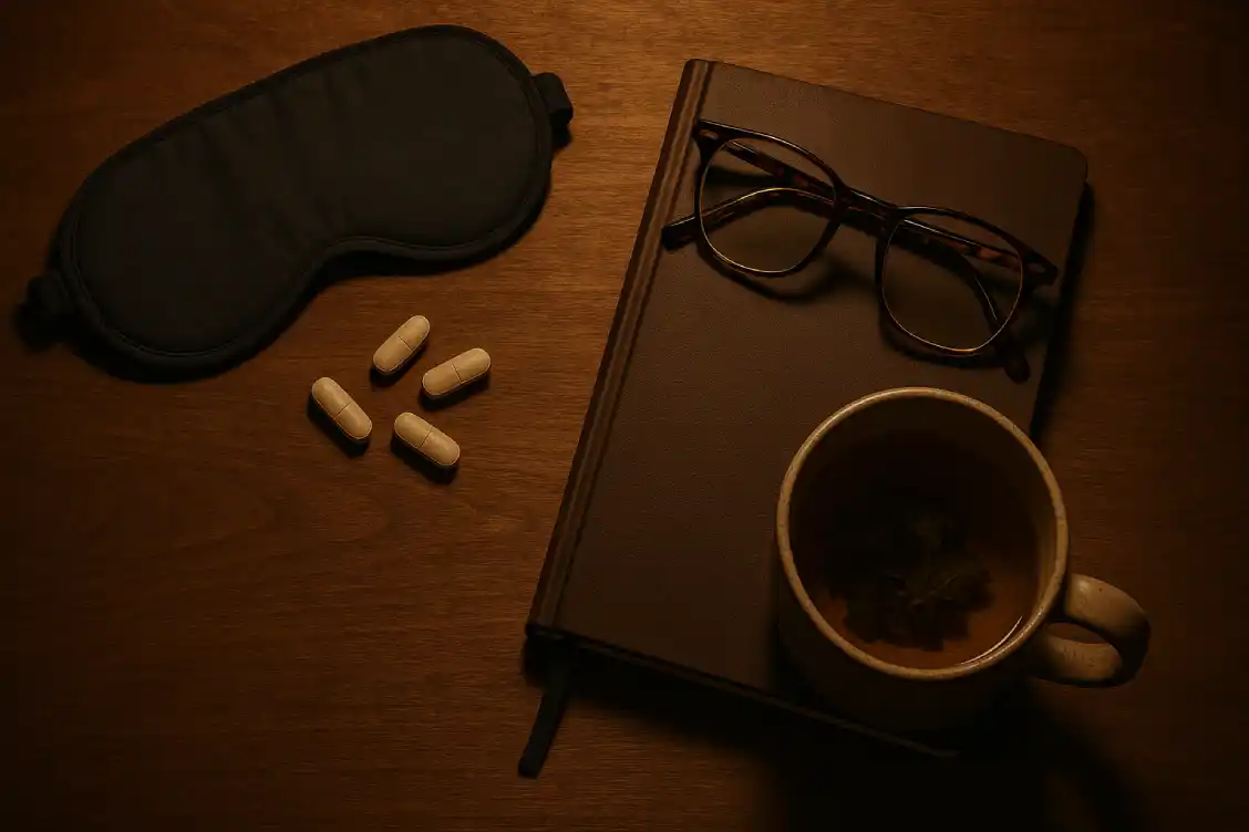 Night routine tools to support better sleep and fat loss—magnesium, journal, and tea.