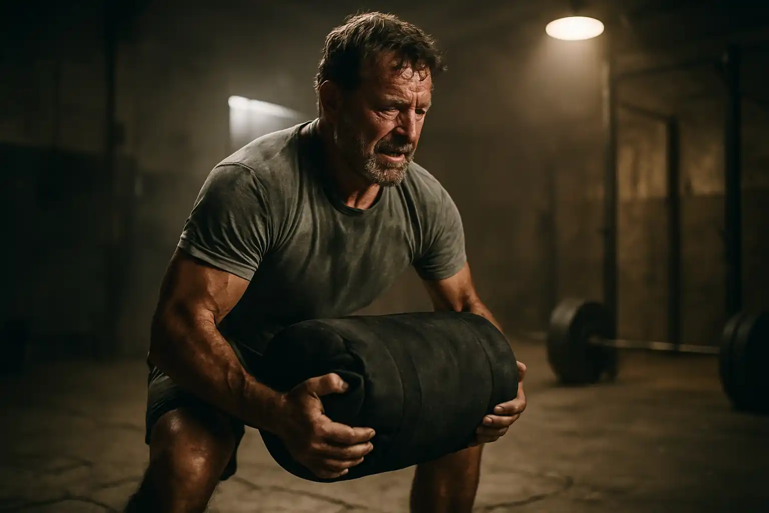 Middle-aged man lifting sandbag in gritty gym – functional fitness for longevity