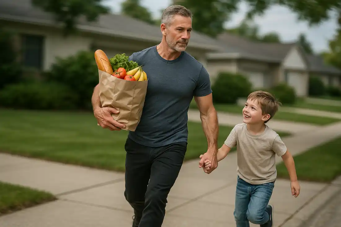 Strong middle-aged man carrying groceries with child – real-life strength training benefit