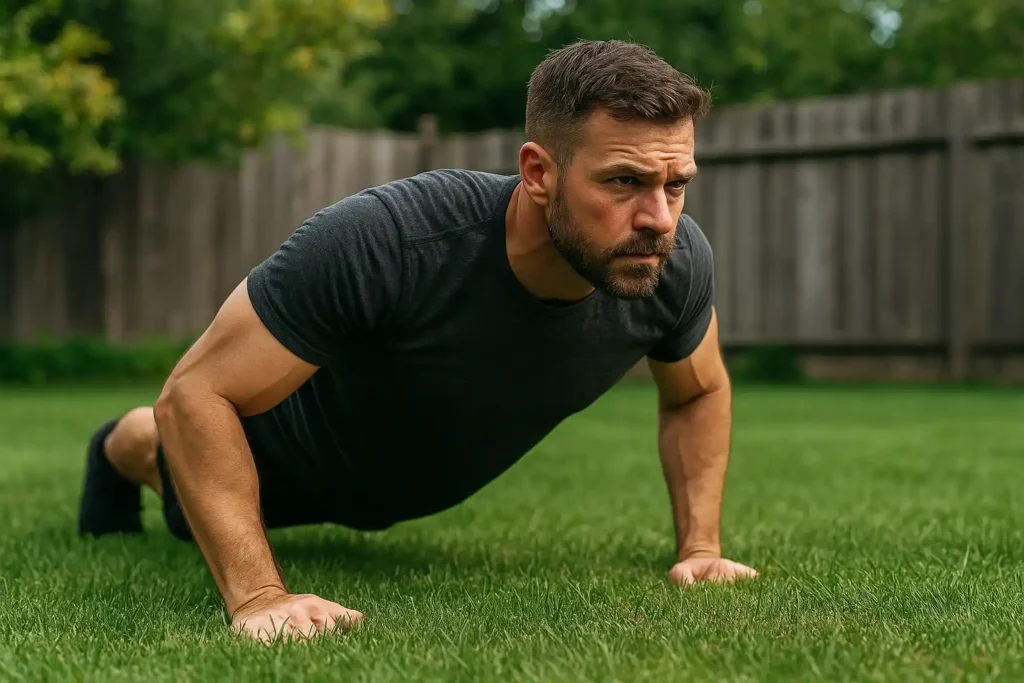 Outdoor Push-Ups – Man over 30 doing push-ups in backyard