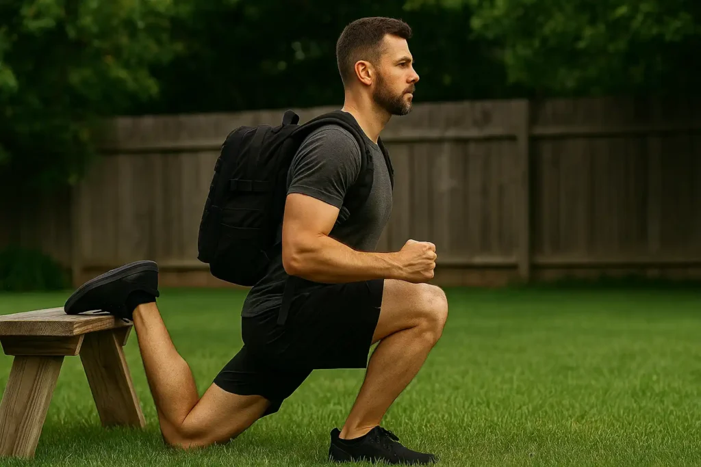 Split Squat Mid-Rep – Side view of Bulgarian split squat with backpack