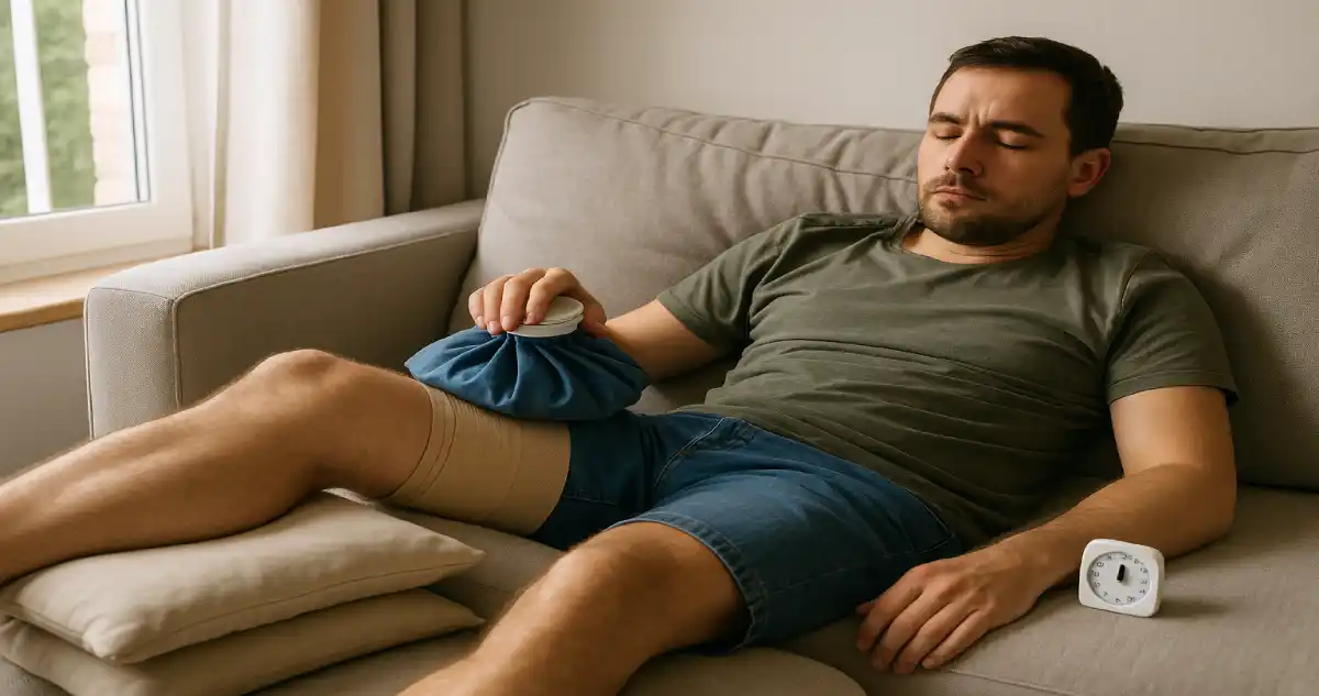 Man using R.I.C.E. method for pulled muscle recovery at home.