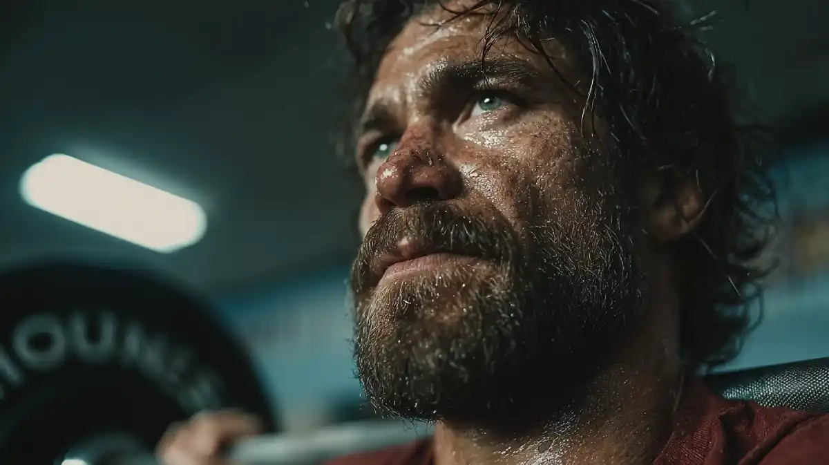 Kamloops man in his 30s preparing to lift a barbell inside a gritty gym, representing beginner strength training motivation and masculine fitness lifestyle.