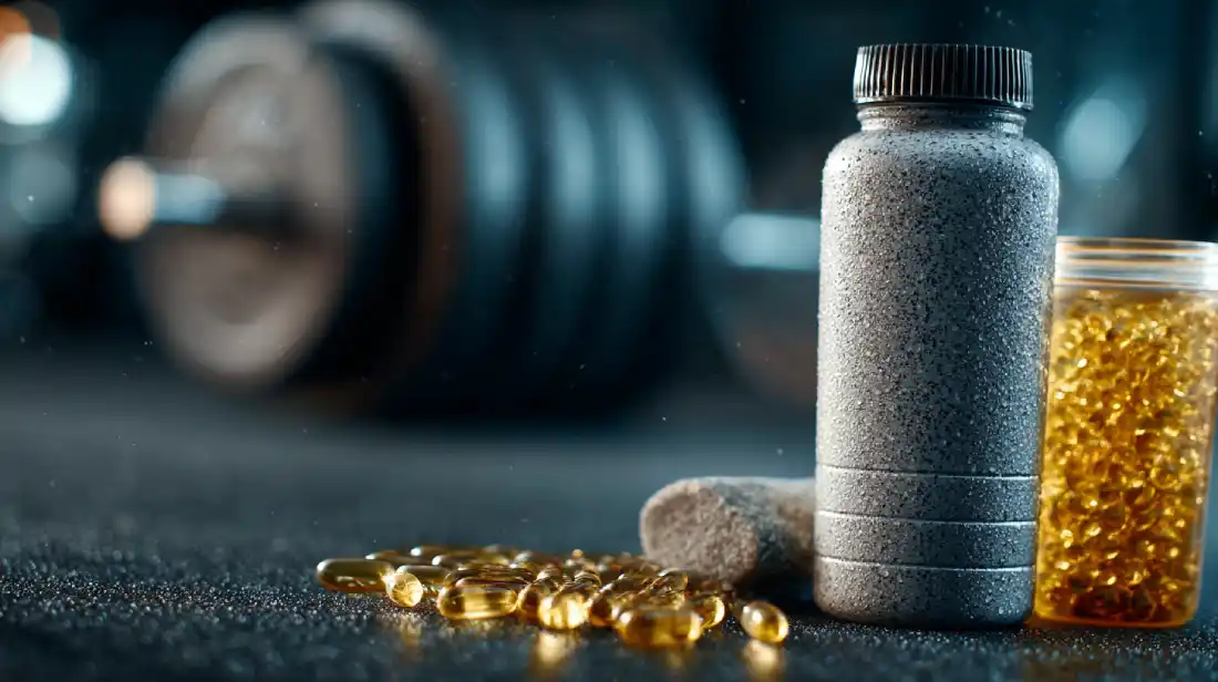 Post-workout nutrition tools for recovery: water, protein shake, and supplements.