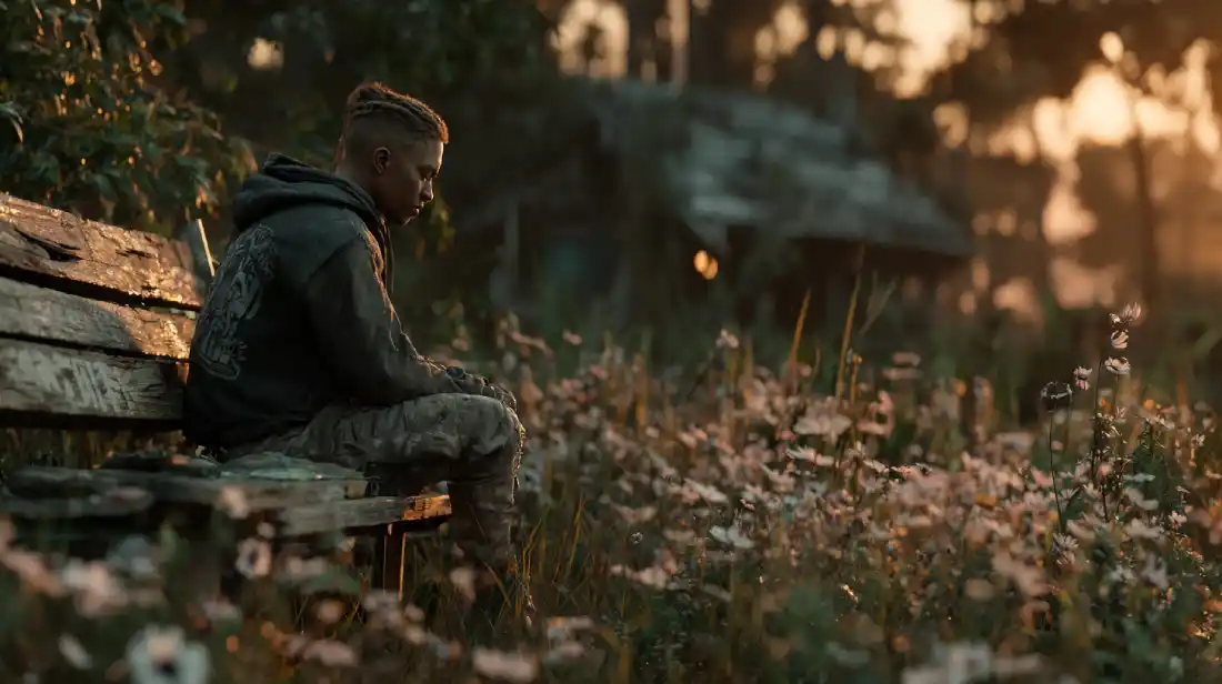Man resting mentally outdoors, practicing recovery and emotional resilience.