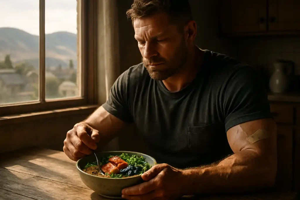 Kamloops man eating a colorful recovery meal of salmon, quinoa, and greens at a rustic kitchen table with sunlight and hills in the background