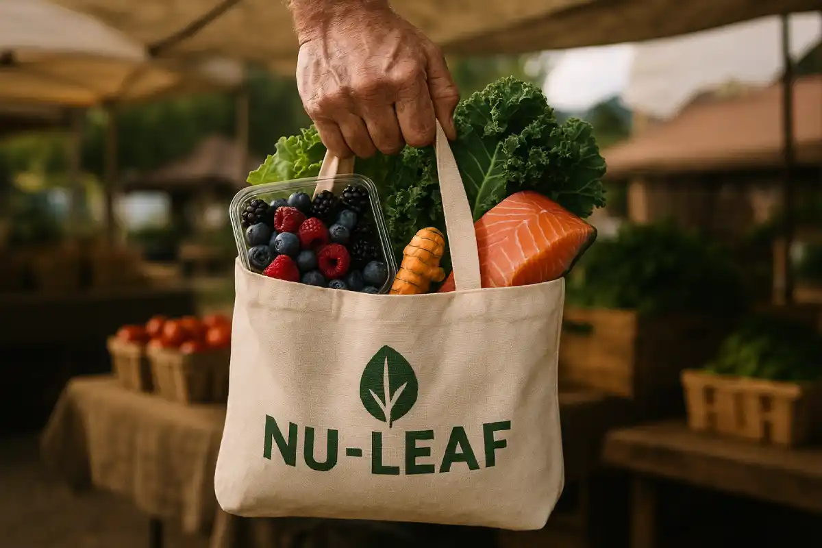 Local Kamloops market produce bag filled with anti-inflammatory recovery foods like berries, leafy greens, turmeric, and salmon