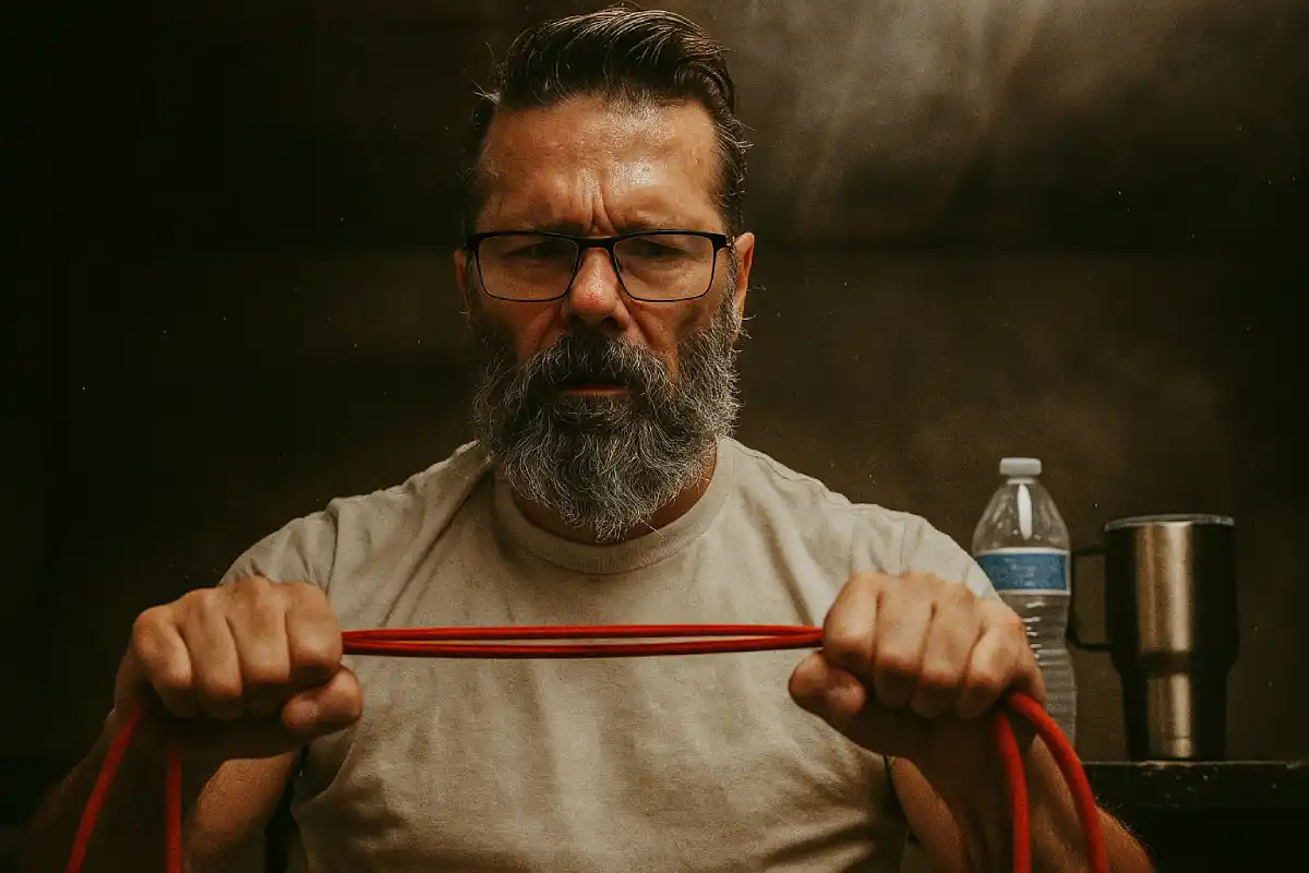 Middle-aged Kamloops man doing injury rehab in a gritty garage gym with water bottle, protein shake, and bone broth visible nearby