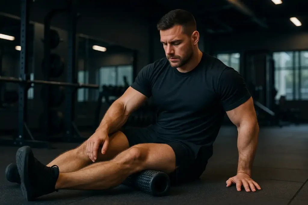 man foam rolling quads in Kamloops gym – foam rolling vs stretching benefits