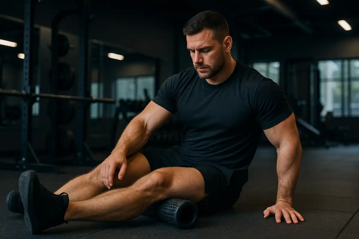 man foam rolling quads in Kamloops gym – foam rolling vs stretching benefits
