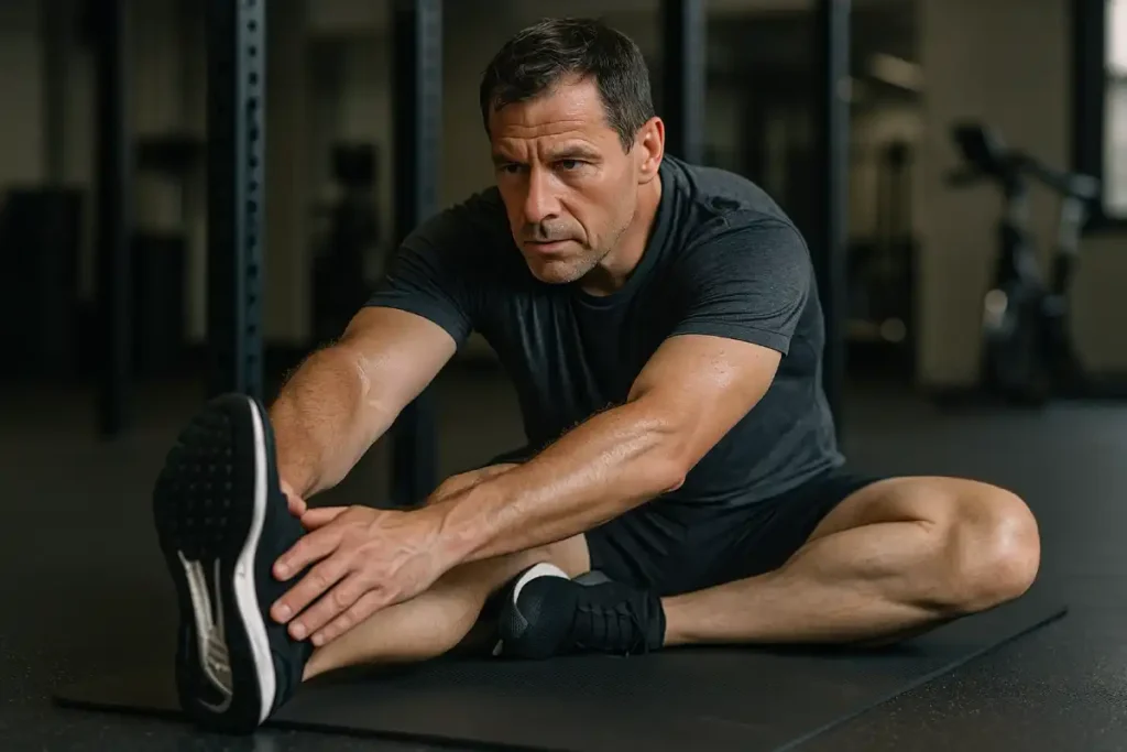 man stretching hamstrings post workout – stretching benefits for sore muscles