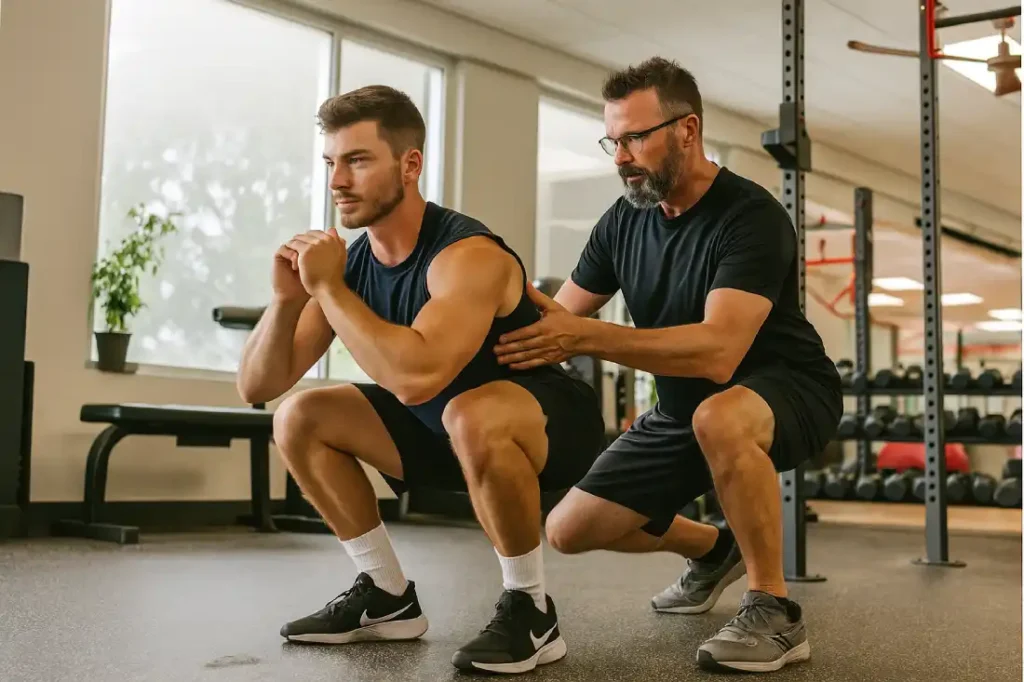Personal trainer in Kamloops correcting a client’s squat form in the gym, demonstrating proper technique for muscle growth.