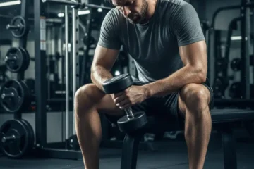 Frustrated man sitting on a bench in the gym holding a dumbbell, looking down after asking why am I not gaining muscle