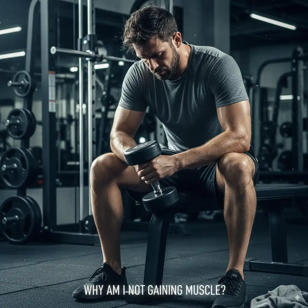 Frustrated man sitting on a bench in the gym holding a dumbbell, looking down after asking why am I not gaining muscle