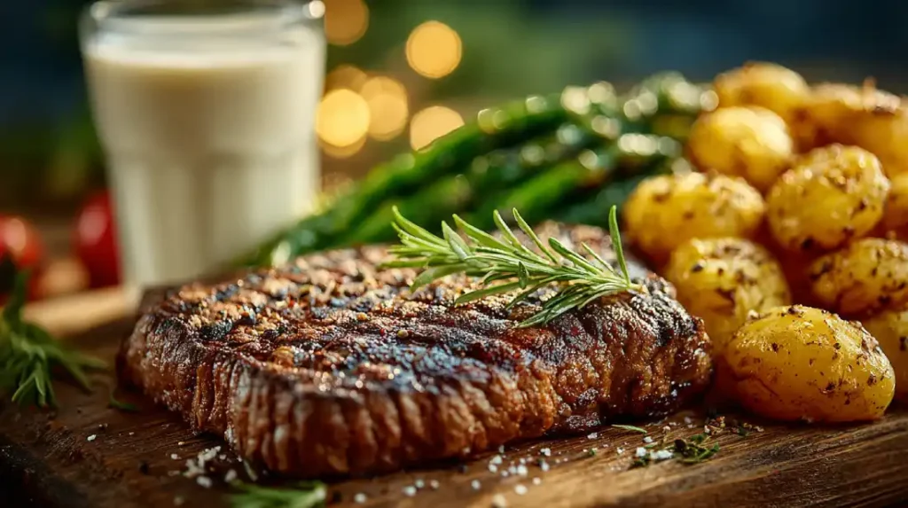 High-protein meal with steak, roasted potatoes, vegetables, and a protein shake on a wooden table, fueling muscle recovery and growth.