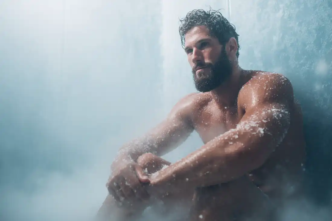 Man sitting in an ice bath after a workout, recovering muscles.