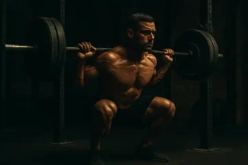 Man performing barbell squat — sets and reps for muscle growth.