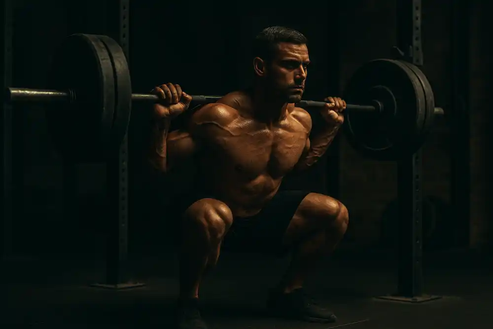 Man performing barbell squat — sets and reps for muscle growth.