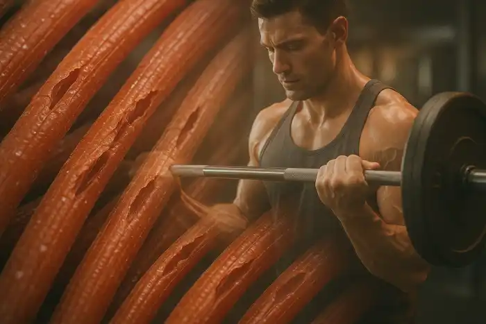 Microscopic muscle fibers under tension during strength training.