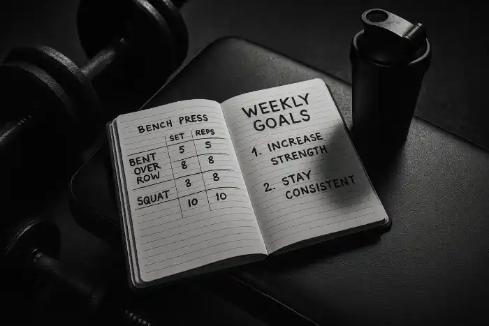 Training journal tracking sets and reps for muscle growth.