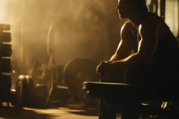 Man sitting on a weight bench in a dark gym, resting between sets, surrounded by barbells and chalk dust — symbolizing focus and discipline in strength training.