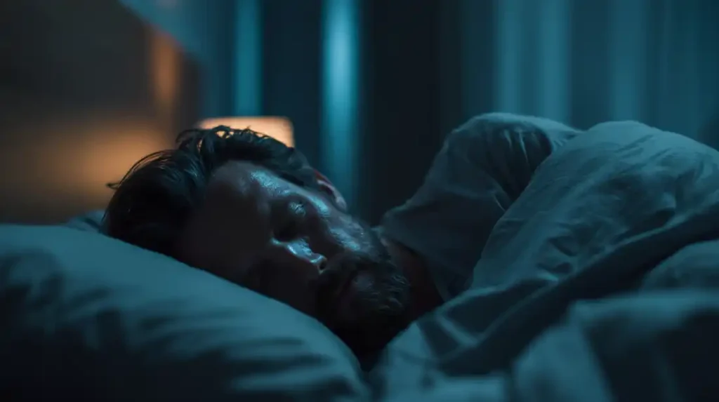 Man sleeping in a dark room to support testosterone and muscle recovery.