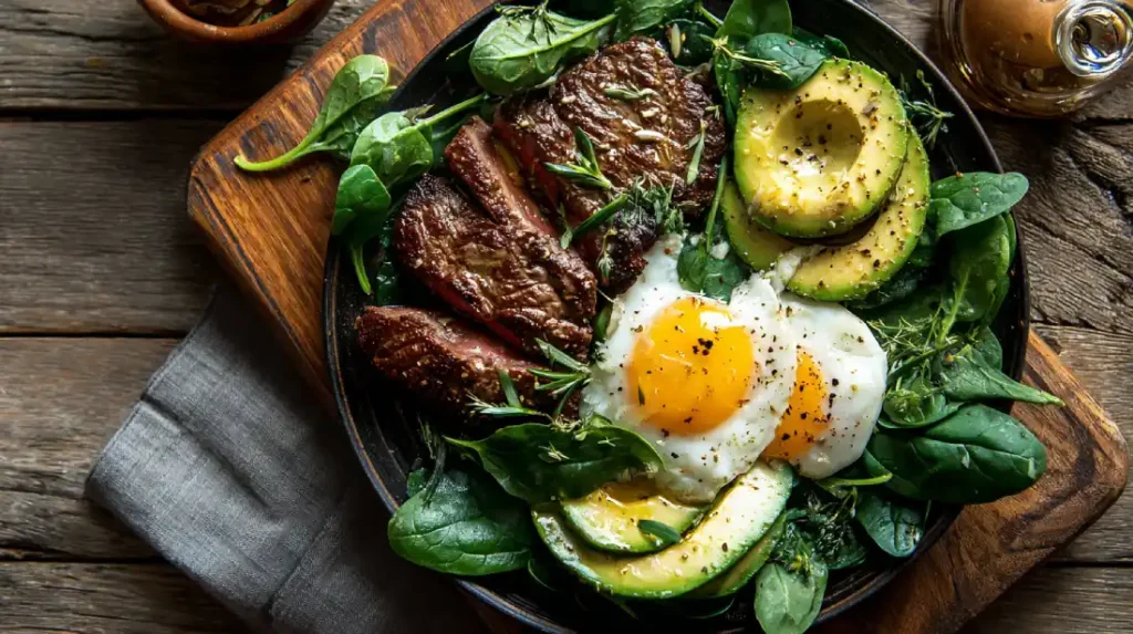 High-protein meal with steak, eggs, and avocado to support testosterone production.