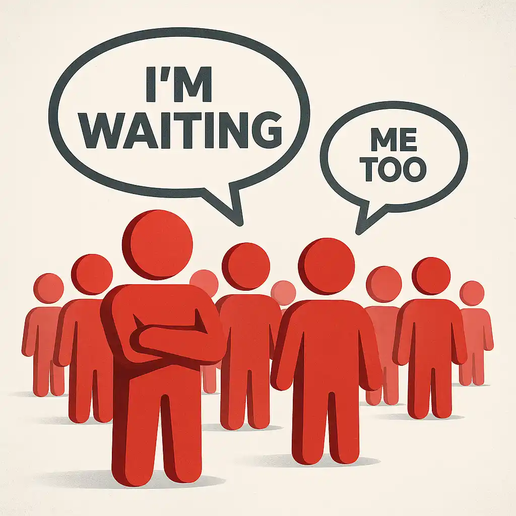 3D-style illustration of red human silhouettes with speech bubbles reading ‘I’m Waiting’ and ‘Me Too,’ symbolizing anticipation and joining a program waitlist.