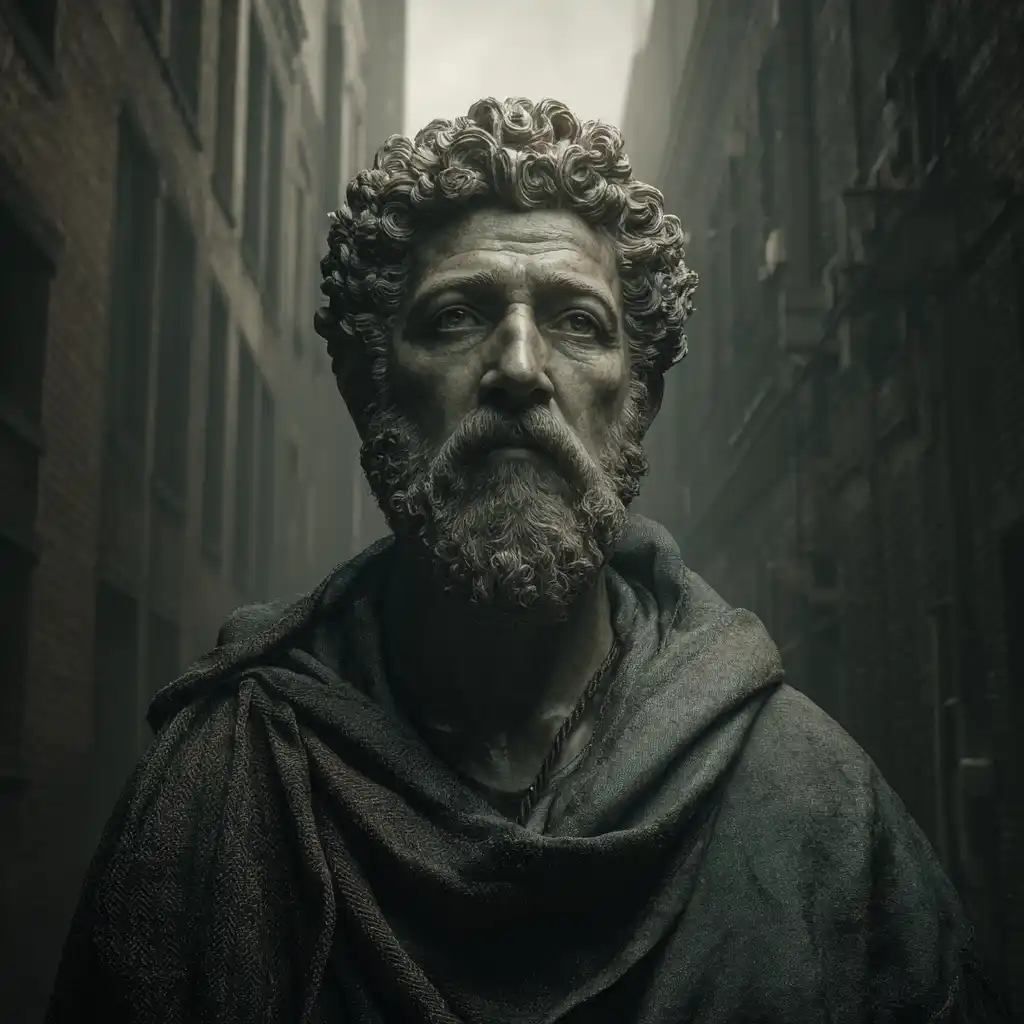 image of Marcus Aurelius symbolizing Stoicism and mental toughness, standing strong with a calm, grounded expression.
