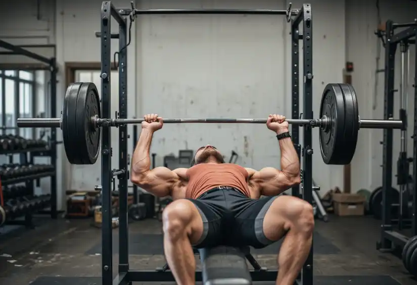 Strong man performing a barbell bench press on a gym bench at a Kamloops gym focusing on chest, triceps, and shoulder strength.