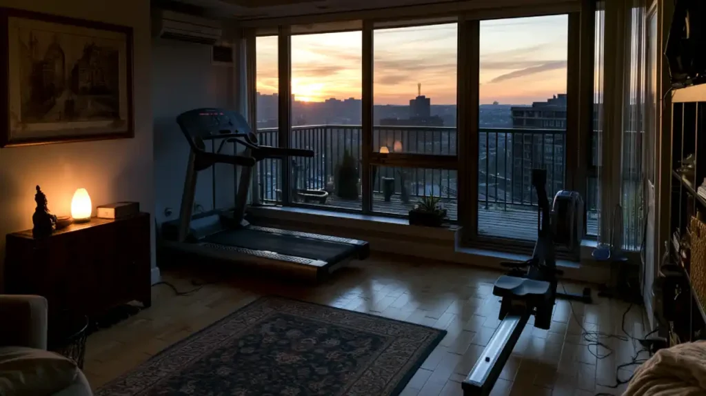 Early morning home gym with treadmill and rowing machine, discipline before dawn