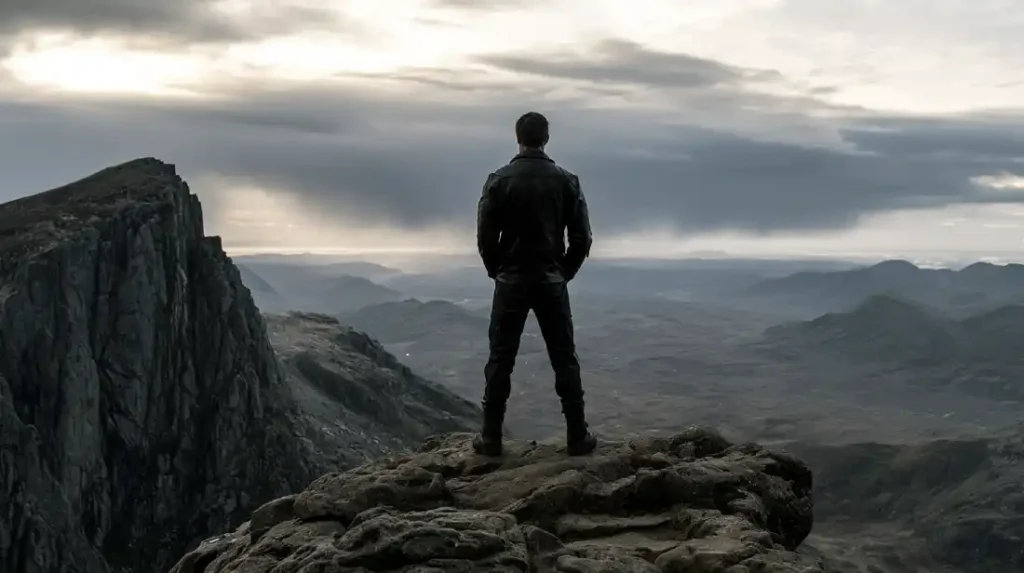 Man standing at a cliff's edge at dawn, representing a strong, resilient mindset
