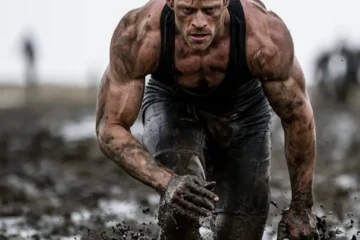 Man straining through deep mud, symbolizing the grind of a strength plateau