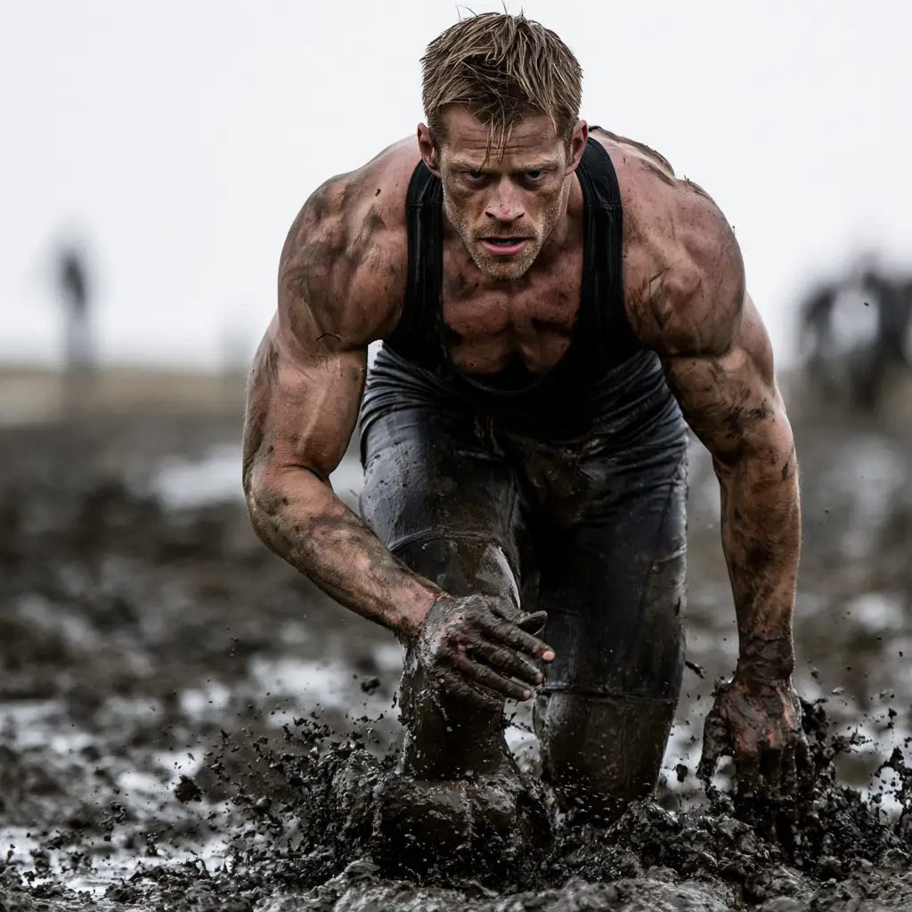 Man straining through deep mud, symbolizing the grind of a strength plateau