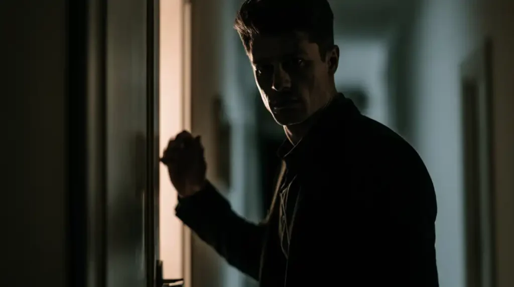 Man pausing outside a door before a hard conversation he's been avoiding